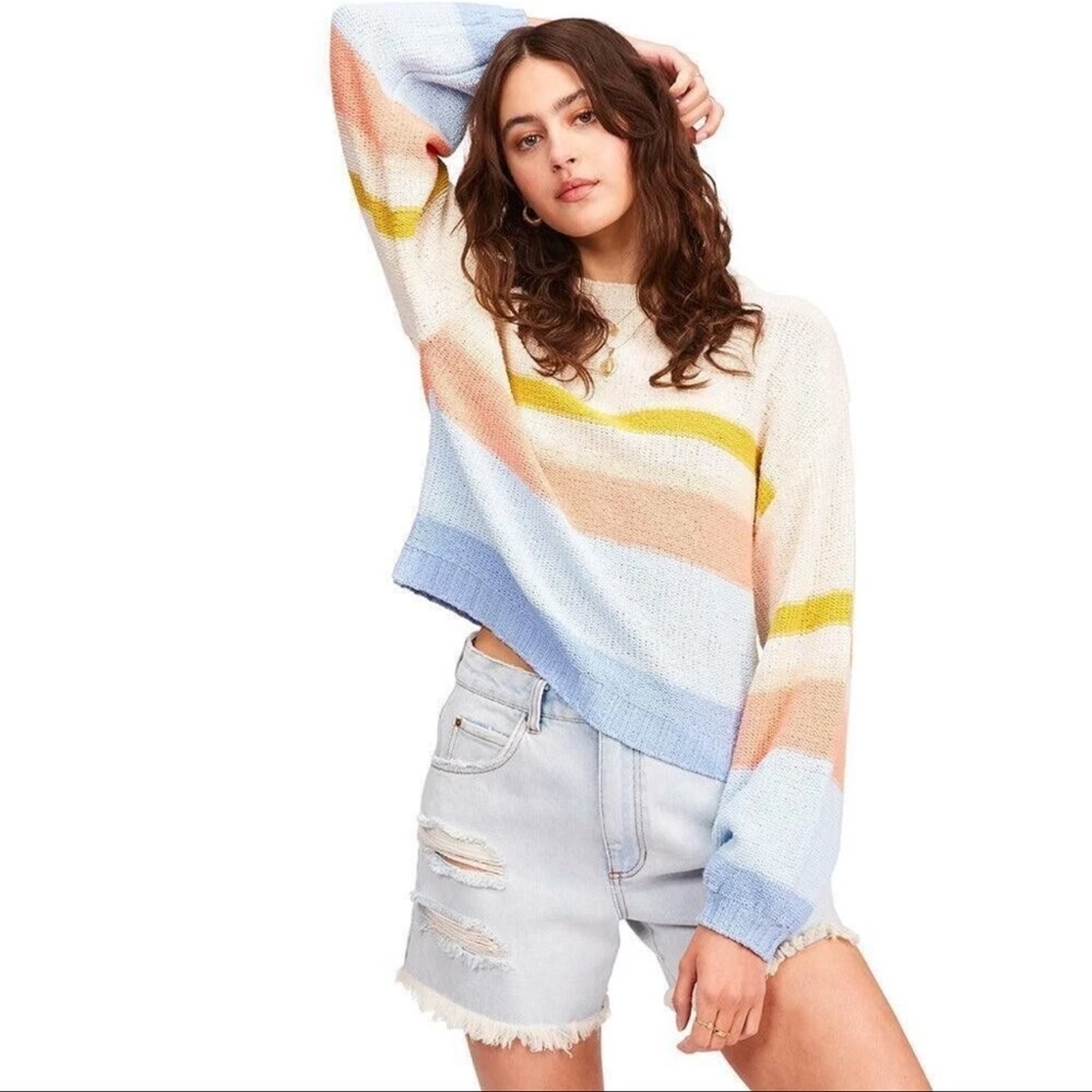 BILLABONG Seeing Double Cropped Sweater in Sweet Water Pastel Striped Women's M